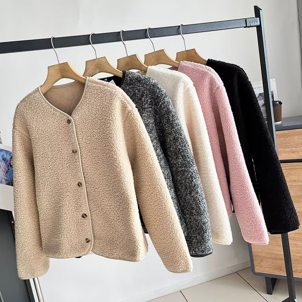 Women Fleece Crew Neck Cardigan Single Breasted Long Sleeve Warm Jacket