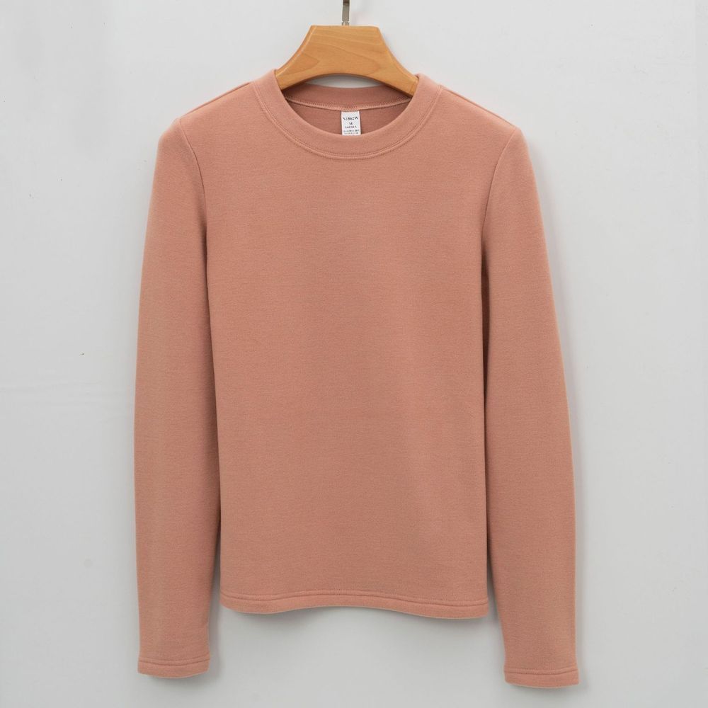 Women's Round Neck Long-sleeved Thermal T-shirt Solid Color Warm and Comfortable
