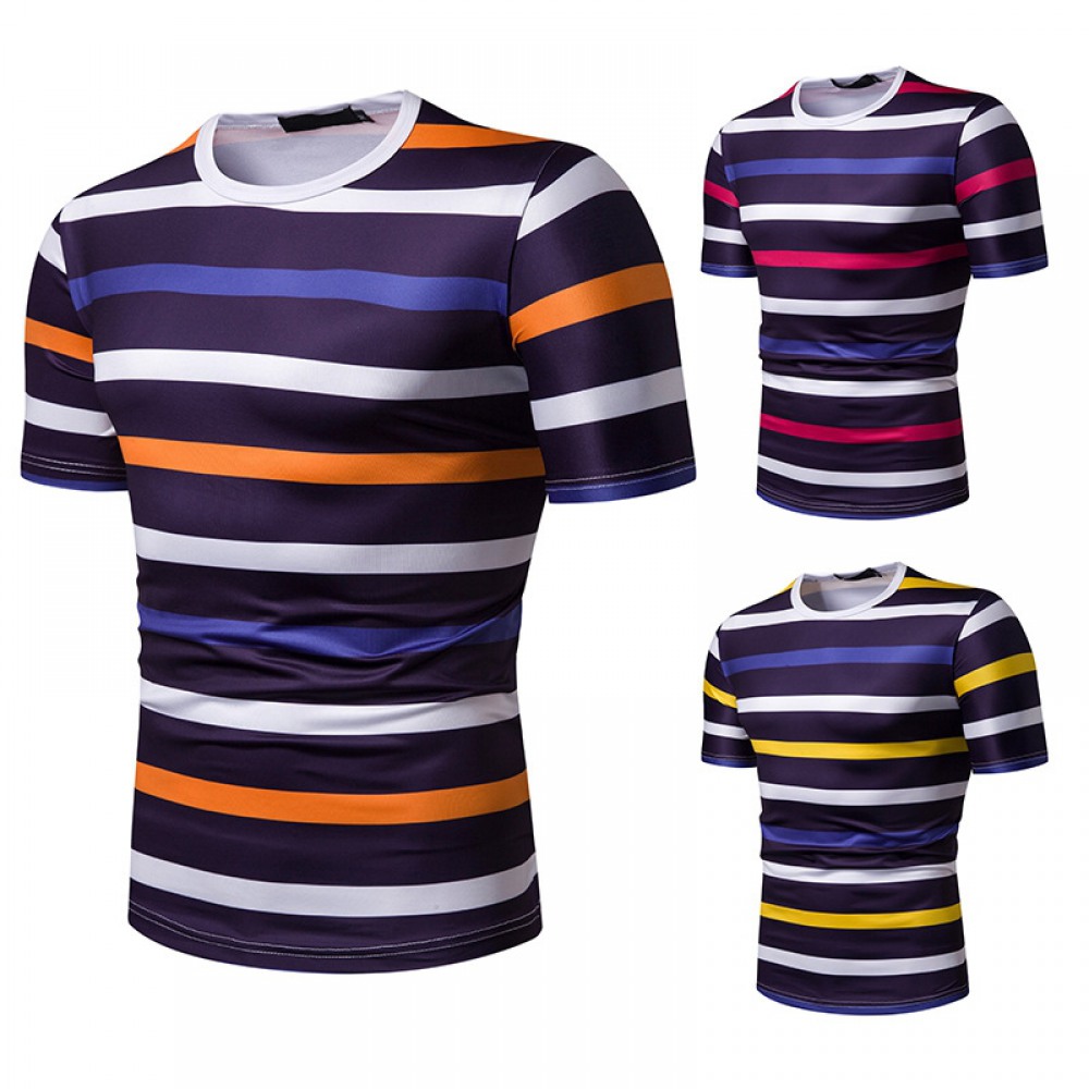 New Summer Men's Short-Sleeved T-Shirt Contrast Striped Slim Casual T-Shirt