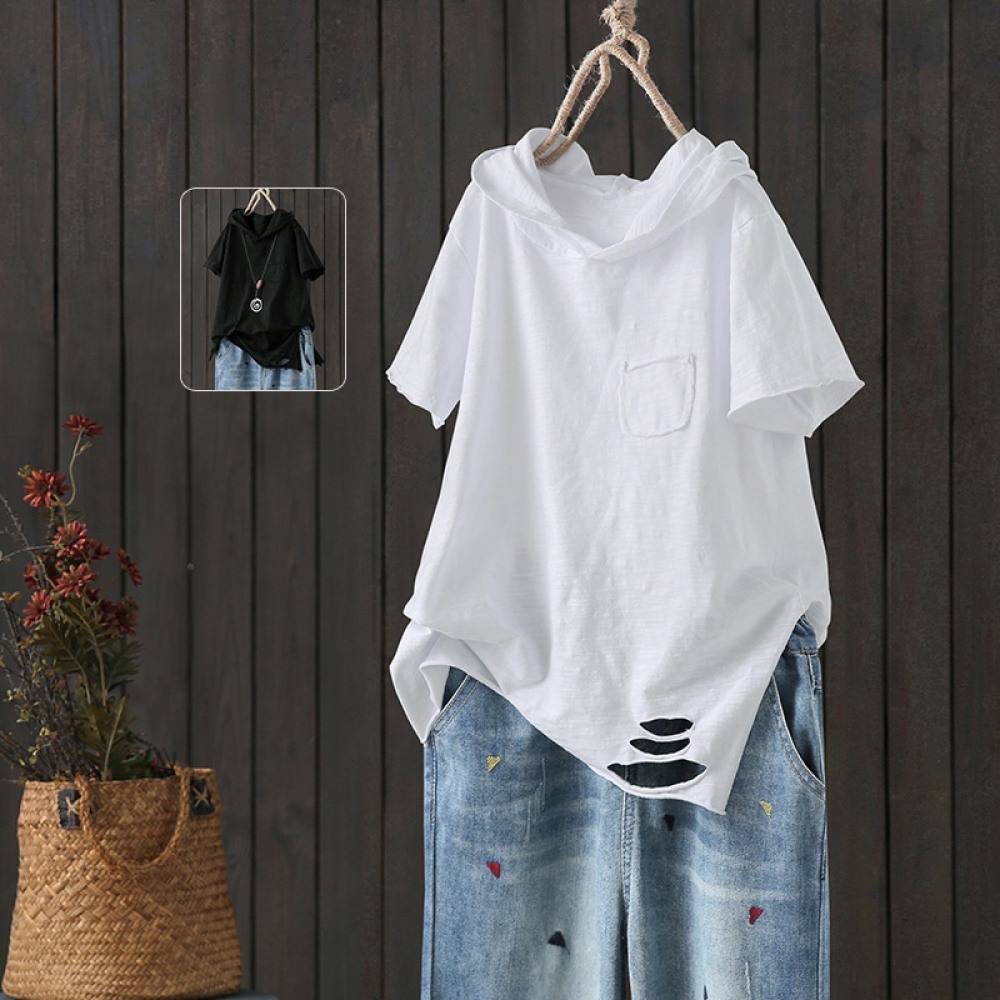 Cotton Hooded T-Shirt Women Summer New Loose Short-Sleeved Literary Hole Casual Top