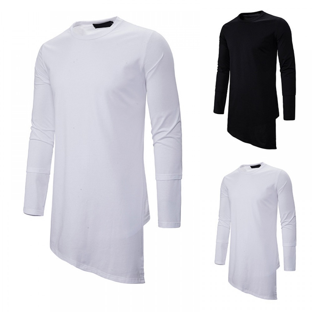 Trendy Brand Round Neck T-Shirt Men's Loose Dark Trend Irregular Hem Long-Sleeved T-Shirt