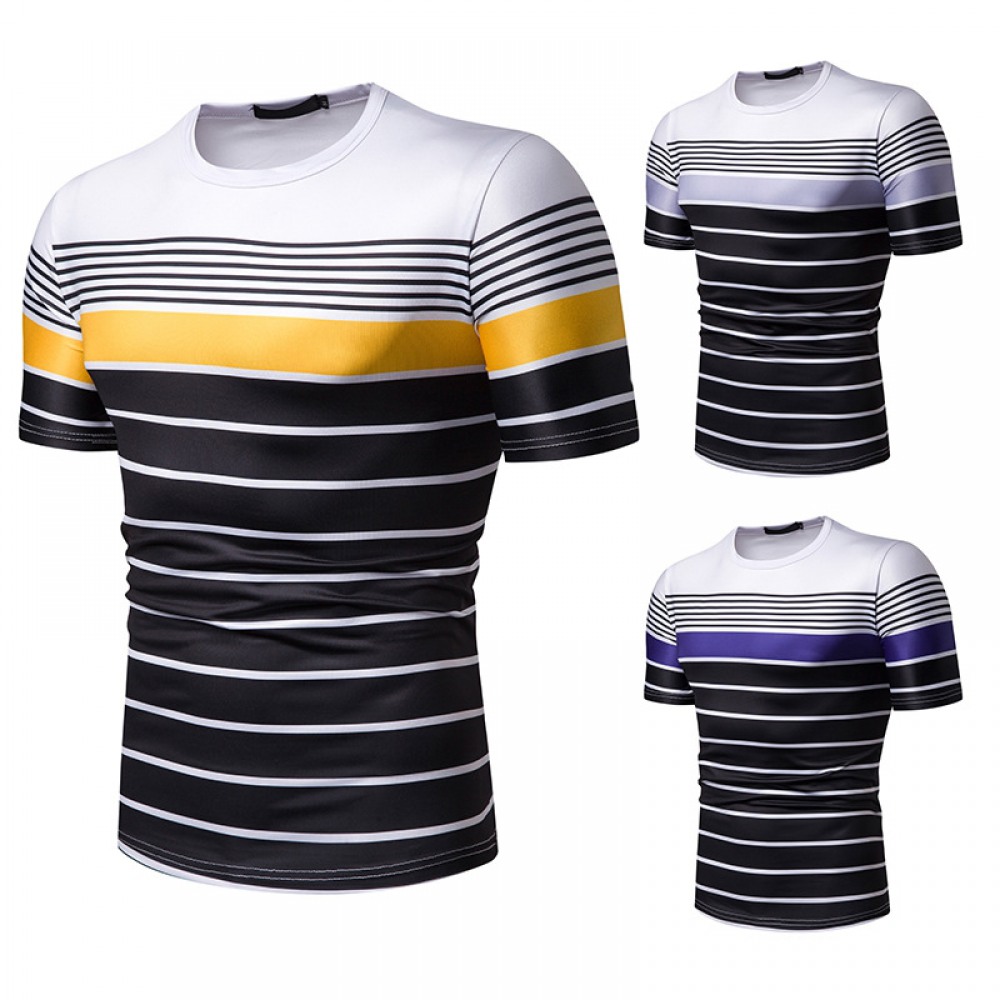 New Summer Men's Short-Sleeved T-Shirt Contrast Striped Slim Casual T-Shirt