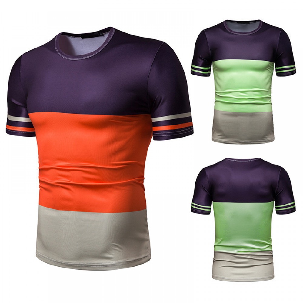 New Summer Men's Short-Sleeved T-Shirt Contrast Striped Slim Casual T-Shirt